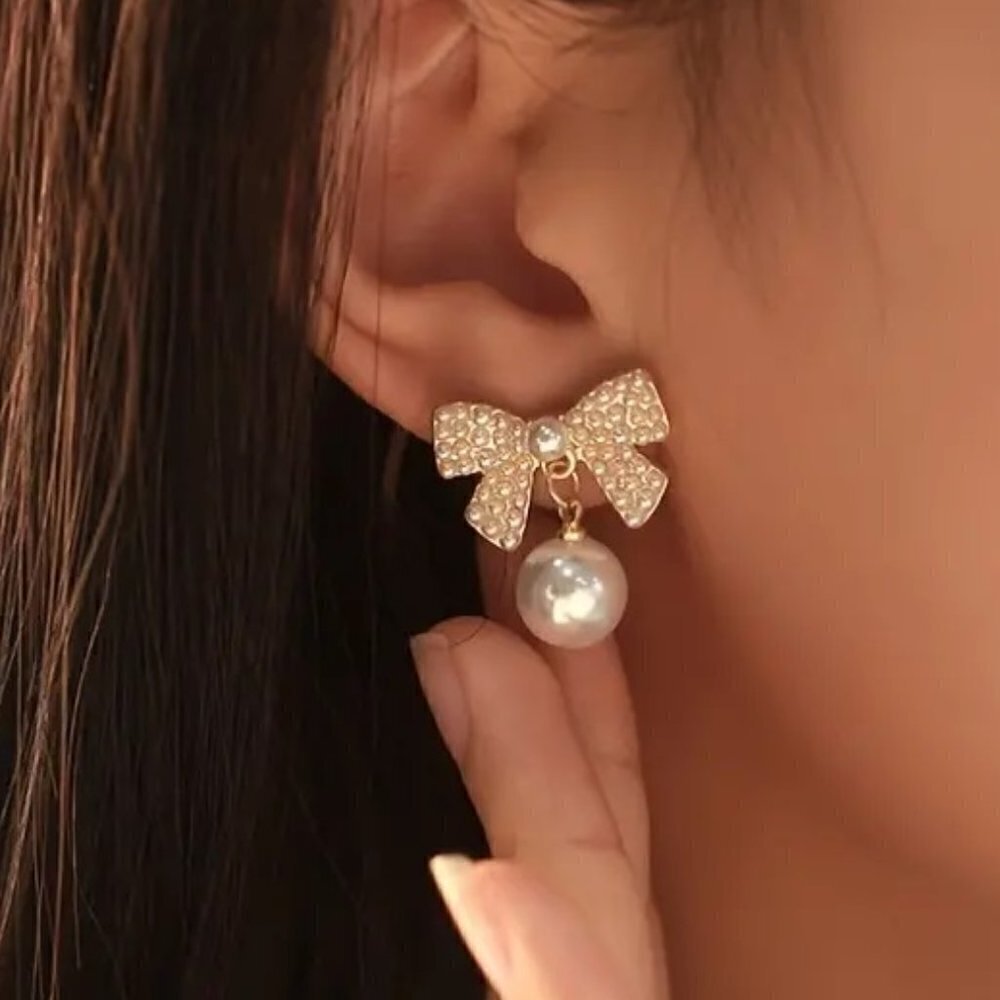 14K Gold Pave Pearl Bows w/ Drop Pearl Post Earrings